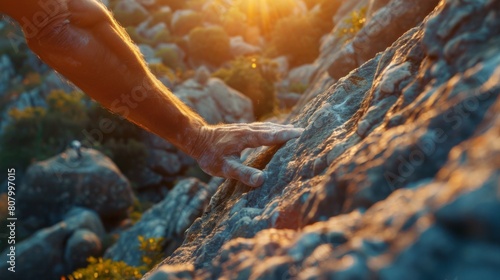 A man's hand reaching up to grab a rock on the side of a mountain, AI