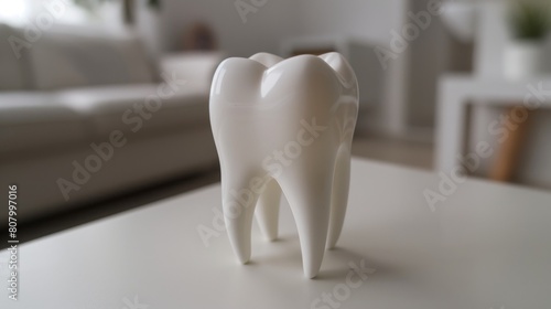 A white tooth is sitting on a table. The tooth is in the shape of a triangle and is placed on a white surface