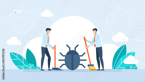 Specialists neutralize the harmful bugs. IT software application testing, quality assurance, QA team and bug fixing concept. Deleting malware, virus, bug or system error. Vector illustration