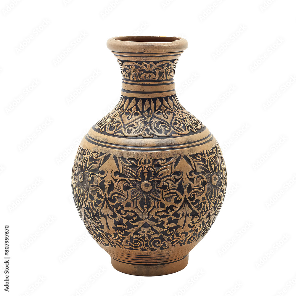 A brown and black vase with floral designs on it