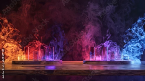 Captivating display on a wooden table with fiery edges  the colorful flames and dark smoke background drawing attention to the showcased products