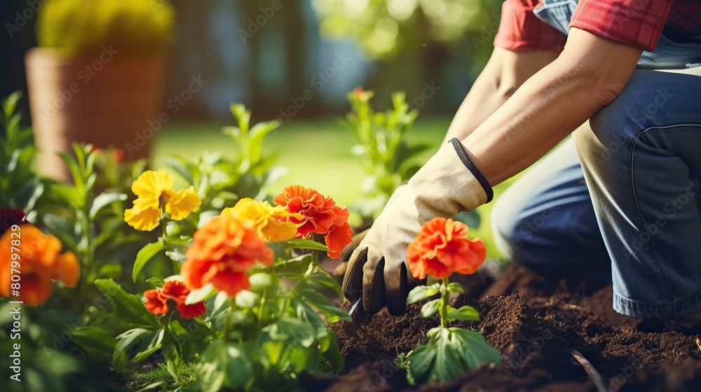 Woman putting beautiful flowers into the ground in the garden, arranging the garden, planting flowers in the garden, Woman putting beautiful flowers into the ground in the garden, arranging the garden, planting flowers in the garden,