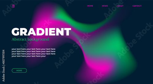 Abstract gradient web page design template, background with smooth blur shapes and sample text, copy space.Pink,green,blue and black color.Copy space.Wavy liquid gradient mesh.Grapic design.