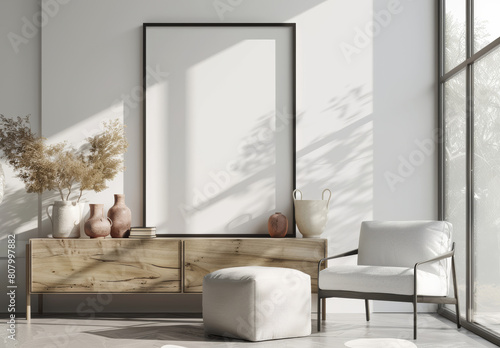 Luxury  home decor and empty frame in living room for creative space  aesthetic or product placement in apartment. Art  mockup or blank canvas for natural house  condo or interior design in lounge.