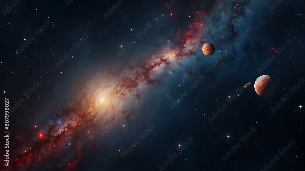 Cosmic landscape with planets, stars and galaxies.