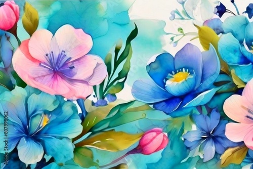 Blue watercolor flowers seamless pattern generative Al
