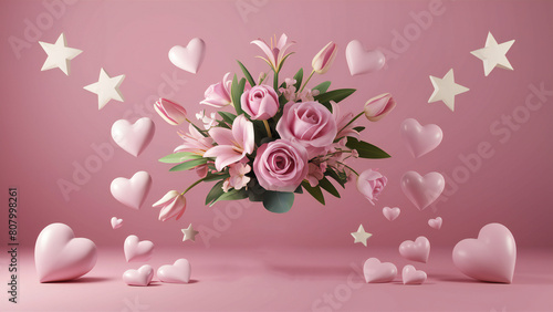 A romantic display of pink roses and lilies surrounded by whimsical hearts and stars on a soft pink background, conveying love and affection. Copy space.