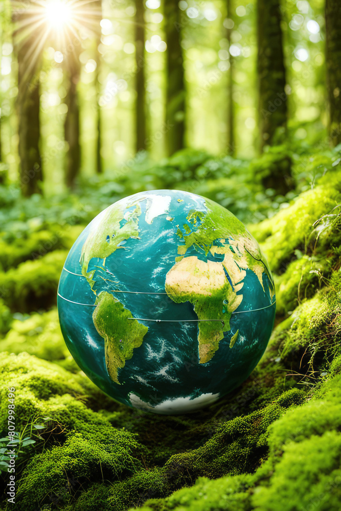 Earth Day Environment Green Globe In Forest With Moss And Defocused Abstract Sunlight Earth Day Environment Green Globe In Forest With Moss And Defocused Abstract Sunlight
