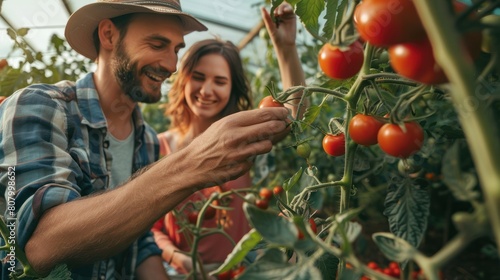 Young couple grew tomatoes in a greenhouse, touching the plants and harvesting the fruits together, Agriculture business concept, Farming in a greenhouse for health and sustainability. photo