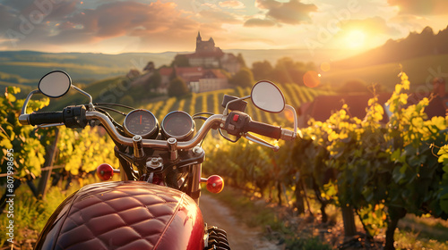 Motorbike Adventure Through German Vineyards - A photo realistic concept featuring a thrilling journey through rolling hills, wine estates, and historic castles on a motorbike in the beautiful German  photo