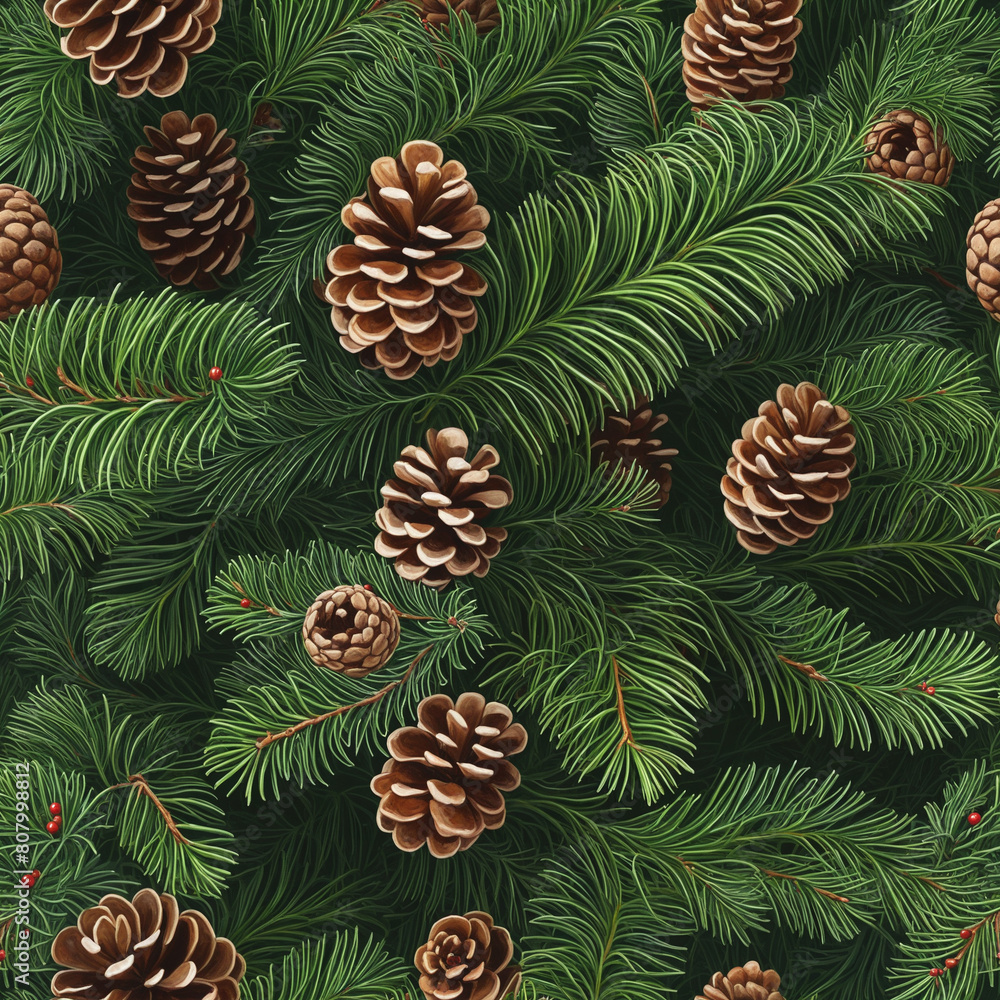 Fototapeta premium Festive Christmas Decor featuring Spruce and Pinecone Accents 