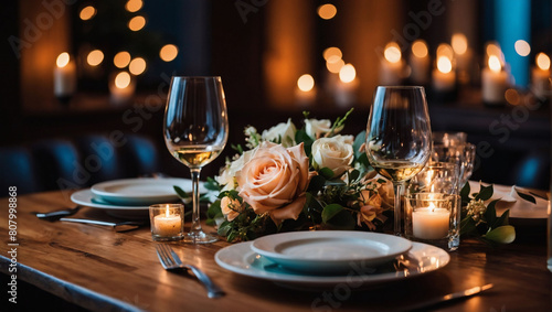 Sensual Dinner Setup, Floral Centerpiece, Wine Glasses, and Soft Candle Glow on Wooden Table