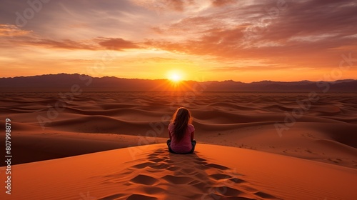 Sexy woman walking in the desert.Beautiful view on the mountain at sunset. Amazing sand dunes. Golden sand waves. Natural safari panorama. Unique journey. photo