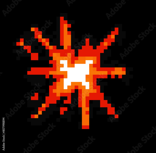 Pixel art with explosion effect on dark background. Element of 8-bit retro game.