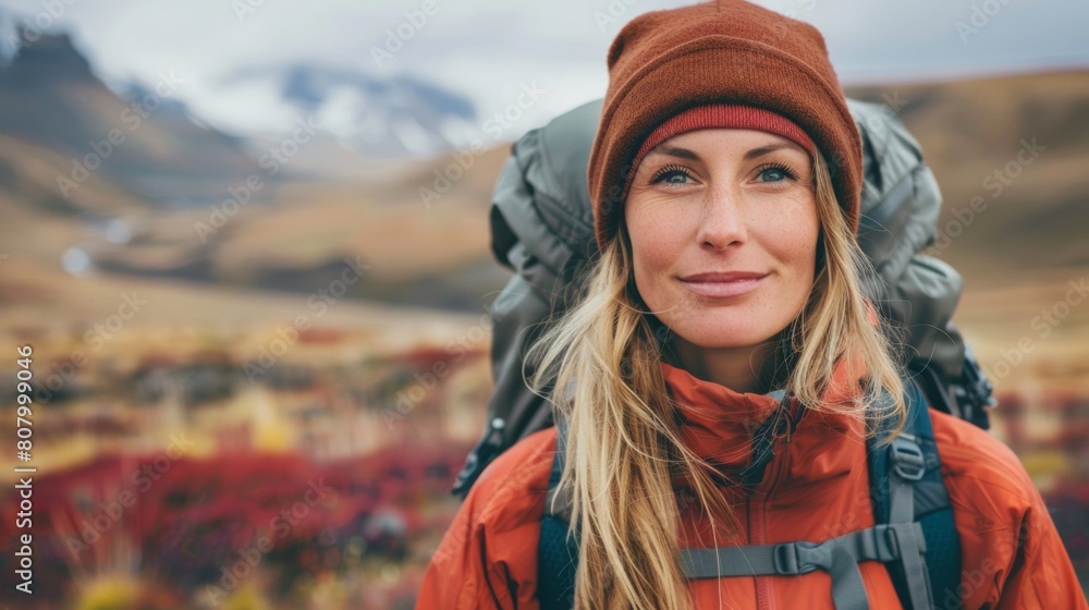 A woman with a backpack and hat standing in the mountains, AI