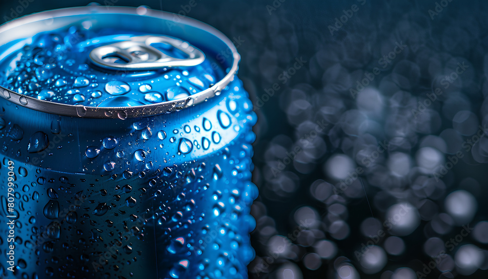 Blue can of fresh soda with water drops on dark background, closeup Blue can of fresh soda with water drops on dark background, closeup
