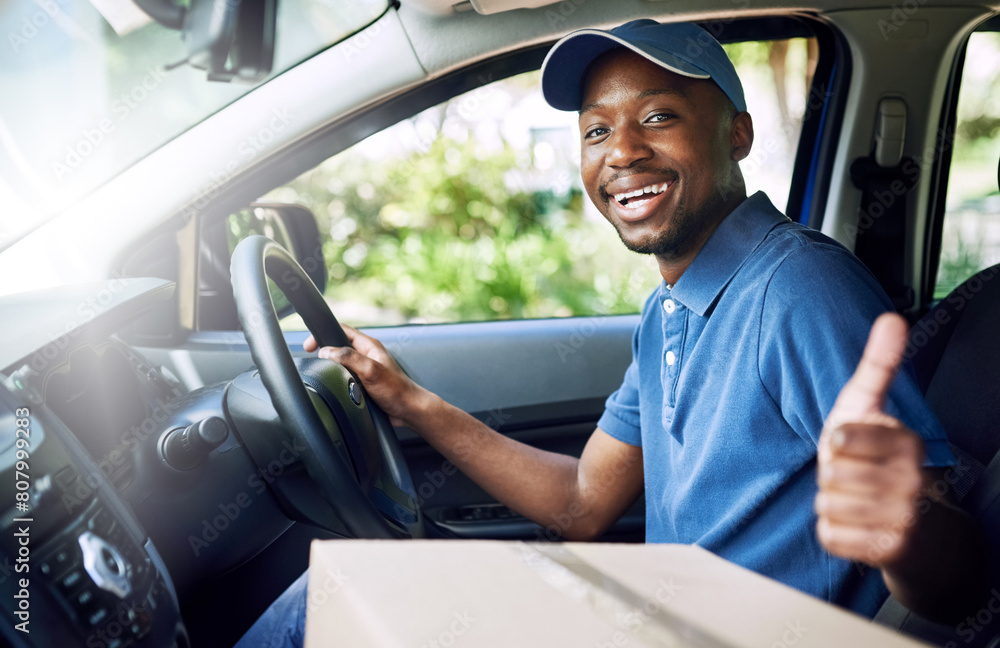 African delivery man, thumbs up and boxes in car, portrait and smile for job in supply chain. Person, courier and driver with hand sign, emoji and symbol for good service, choice and transportation