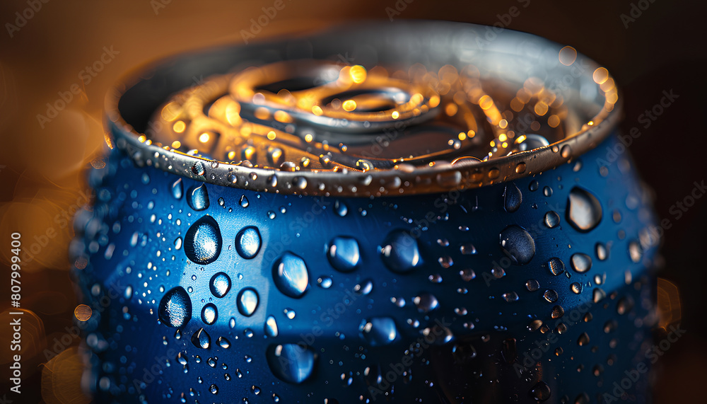 Blue can of fresh soda with water drops on dark background, closeup Blue can of fresh soda with water drops on dark background, closeup