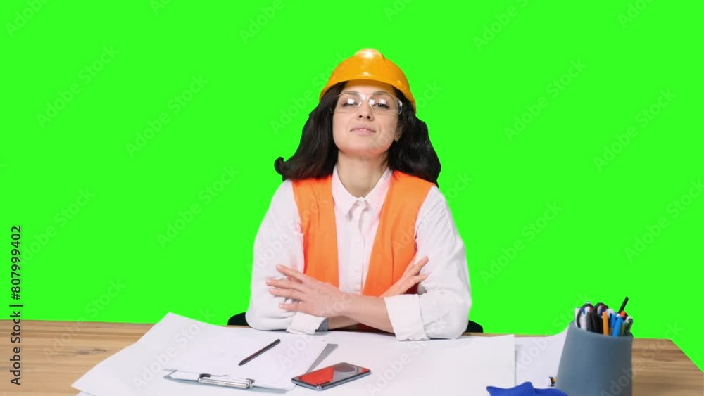 Happy female architect in protective helmet looking at camera on the chroma key Happy female architect in protective helmet looking at camera on the chroma key