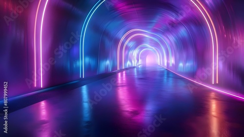 Futuristic Tech Background: Neon Lines in Dark Tunnel - D Rendering. Concept Futuristic Technology, Neon Lines, Dark Tunnel, 3D Rendering