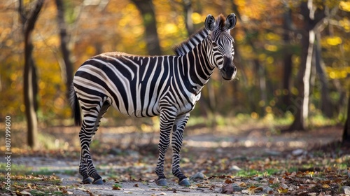 A zebra standing in the middle of a forested area, AI