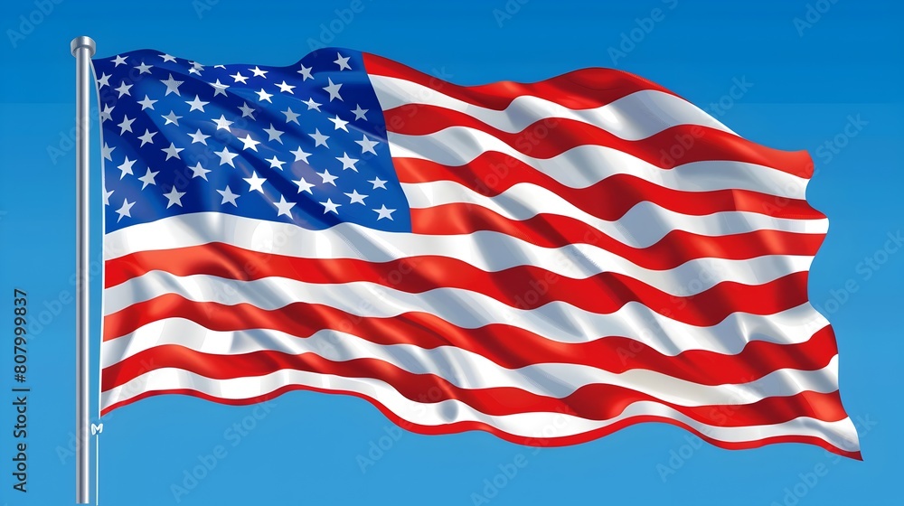 Fototapeta premium American Flag Waving Proudly Against Blue Sky,Patriotic Symbol of Freedom and National Pride