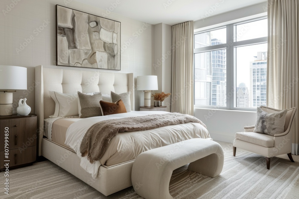 Fototapeta premium Contemporary Bedroom with Neutral Palette and Textured Accents
