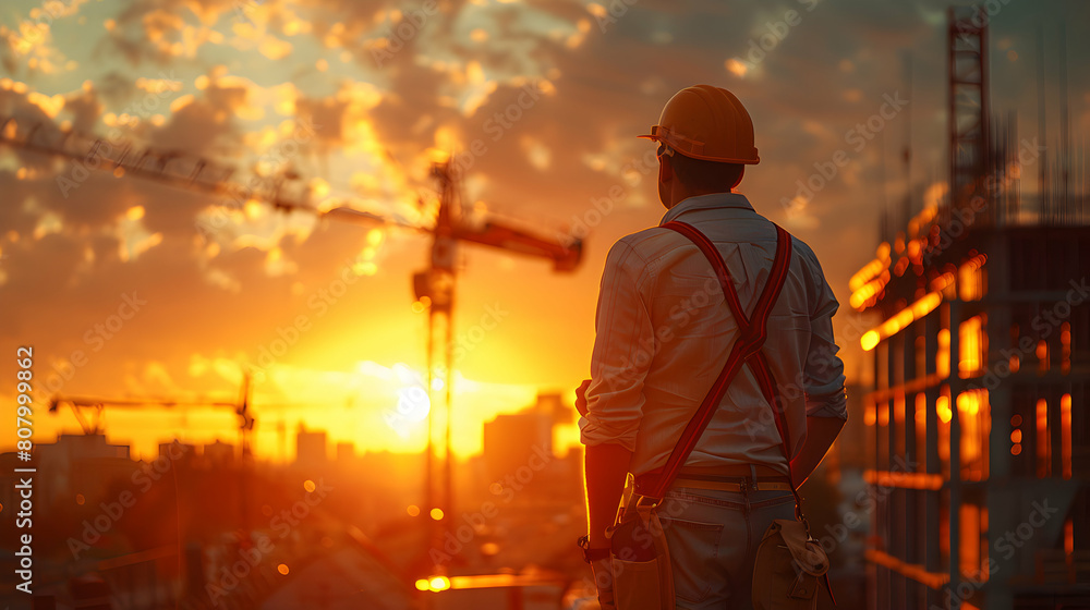 Photo realistic concept of project manager overseeing construction progress and coordinating teams on site for development schedule Photo realistic concept of project manager overseeing construction progress and coordinating teams on site for development schedule