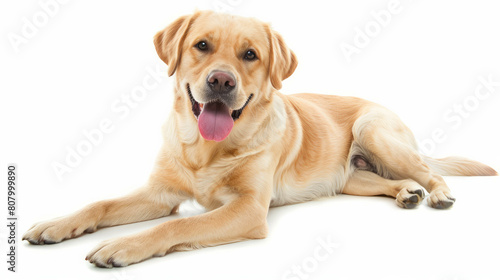 A golden retriever and a labrador lying on the floor with a stick. Two loyal companions resting together. AI generative.
