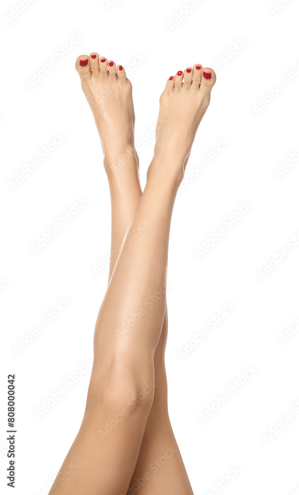 Woman with stylish red toenails after pedicure procedure isolated on white, closeup Woman with stylish red toenails after pedicure procedure isolated on white, closeup