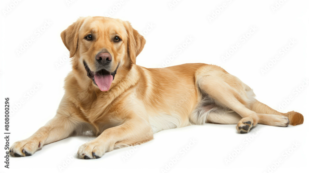 Adorable golden retriever and labrador resting with stick on floor. Loyal companionship captured in moment. AI generative creativity.