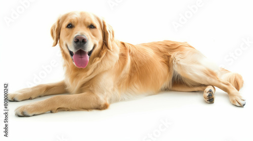 Golden retriever and labrador relaxing on floor with stick. Canine friendship in a serene moment. AI generative technology. photo