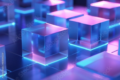 3D Geometric Blocks in Blue Neon Glow photo