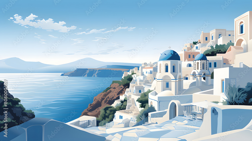 Obraz premium Digital santorini landscape vector art illustration abstract graphic poster web page PPT background
