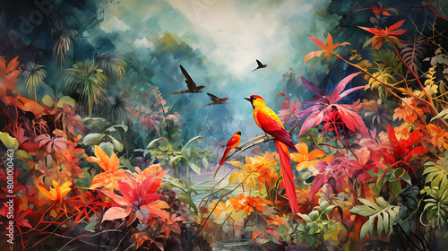 An explosion of watercolor in tropical hues, painting the excitement of a jungle adventure photo