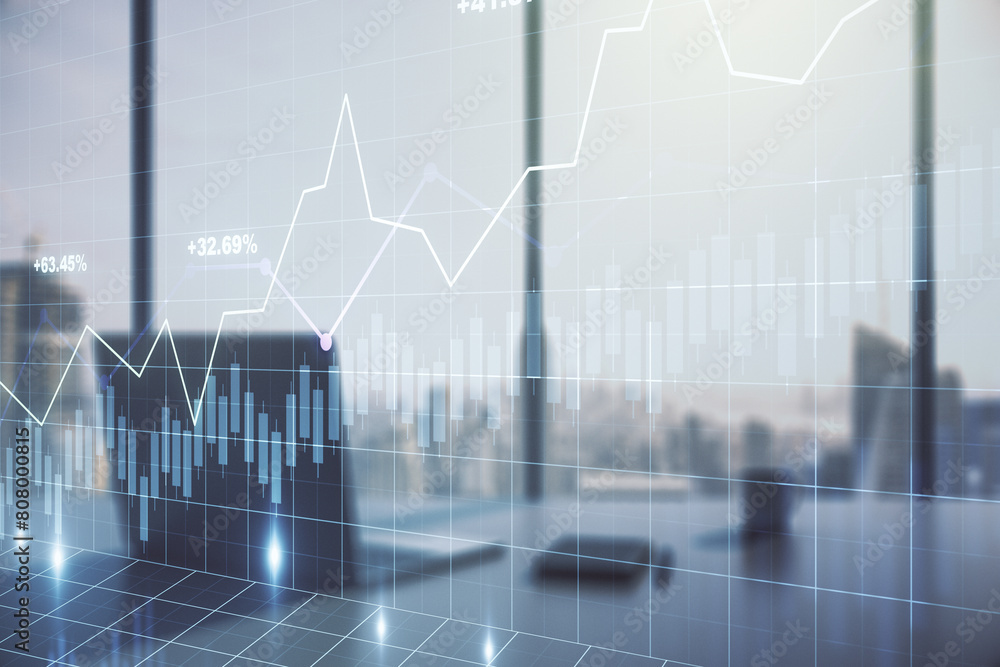 Abstract creative financial graph and modern desktop with pc on background, financial and trading concept. Multiexposure Abstract creative financial graph and modern desktop with pc on background, financial and trading concept. Multiexposure