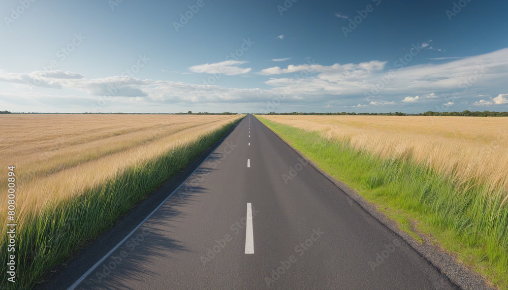 Scenic landscape featuring a straight route through lush meadows under a refreshing summer sky Scenic landscape featuring a straight route through lush meadows under a refreshing summer sky