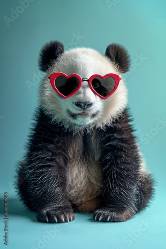 Adorable panda cub wearing heart-shaped sunglasses