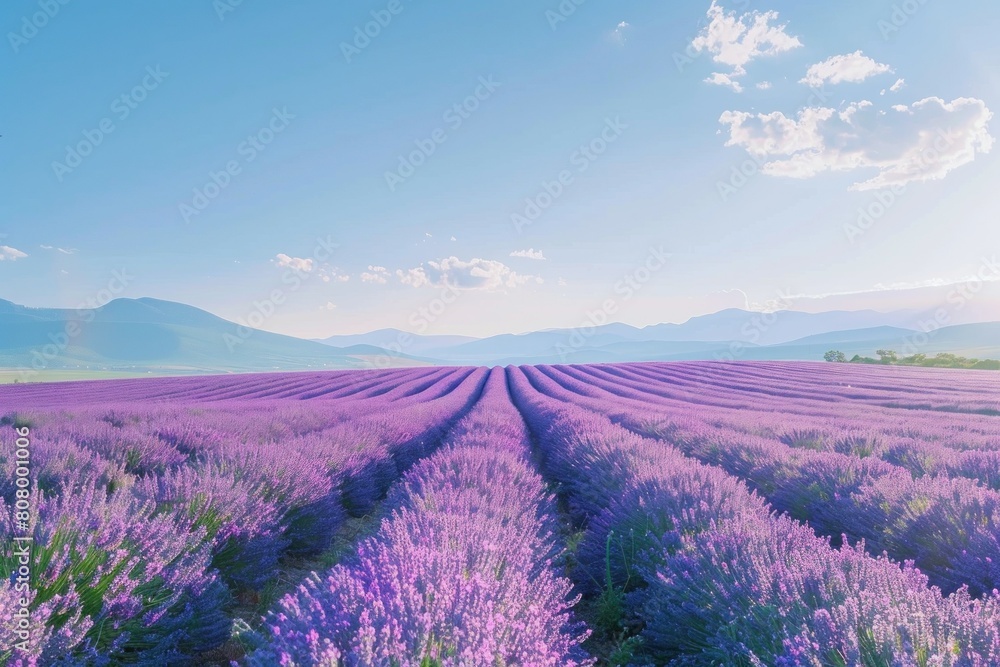 Obraz premium Sunlit Lavender Field under Clear Blue Skies
