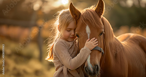 Concept of child and horse friendship and a moment of trust between animal and owner. A little girl hugging her horse at sunset in the field.