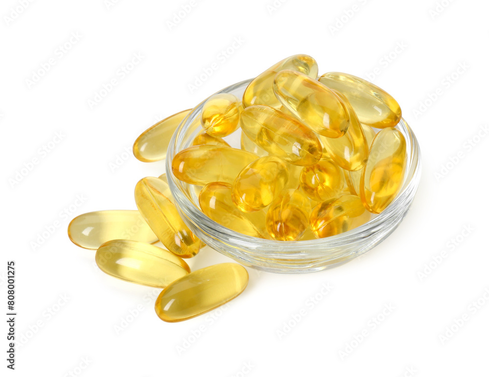 Vitamin capsules in bowl isolated on white. Health supplement Vitamin capsules in bowl isolated on white. Health supplement