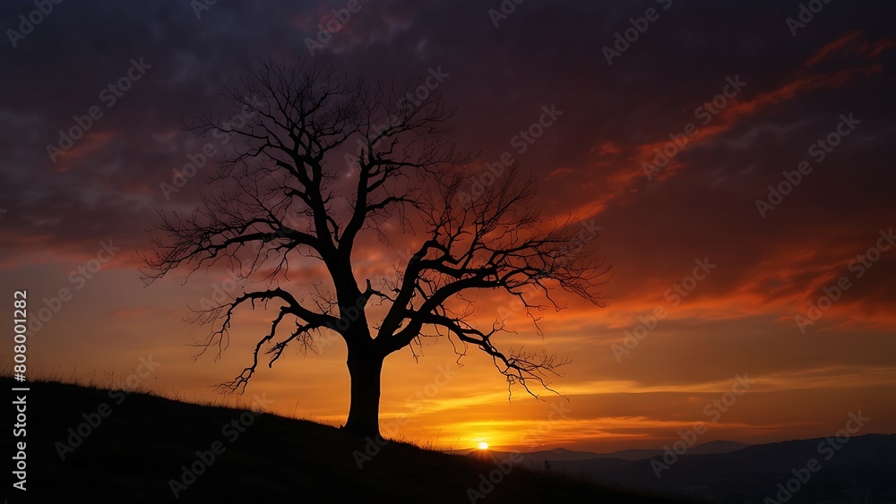 Silhouette of an old tree at sunset with beautiful sky.