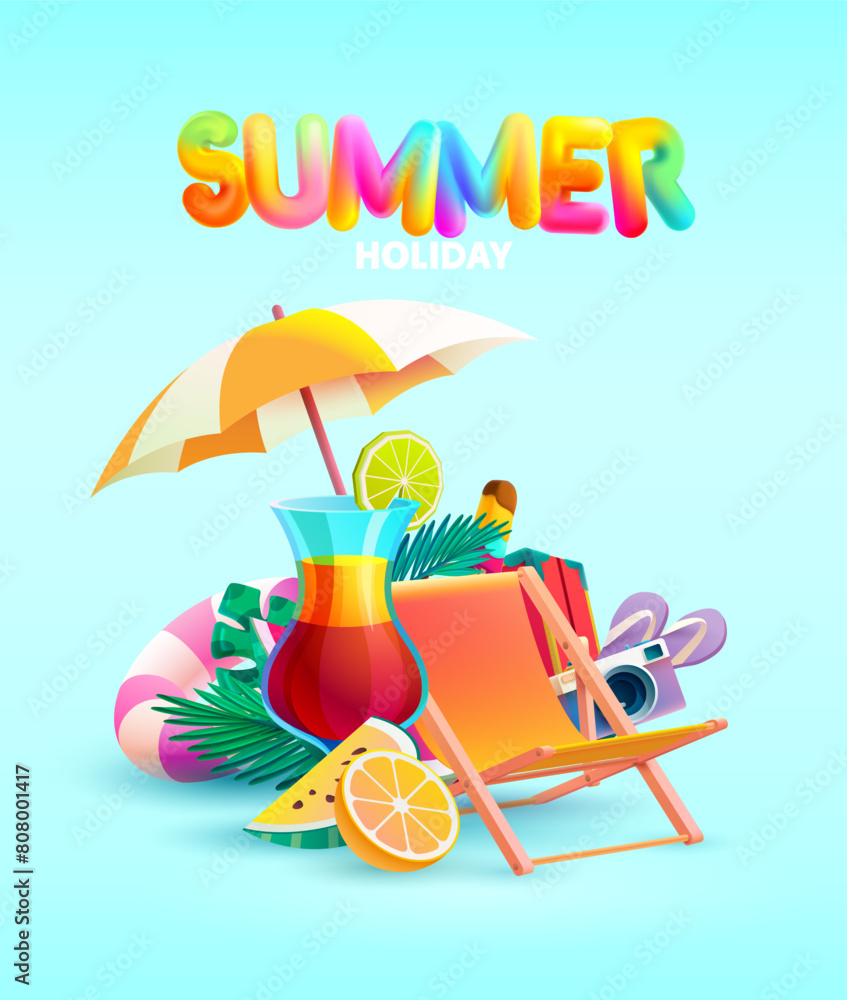 Summer poster with 3D realistic cocktail, beach chair, umbrella, fruit and word 