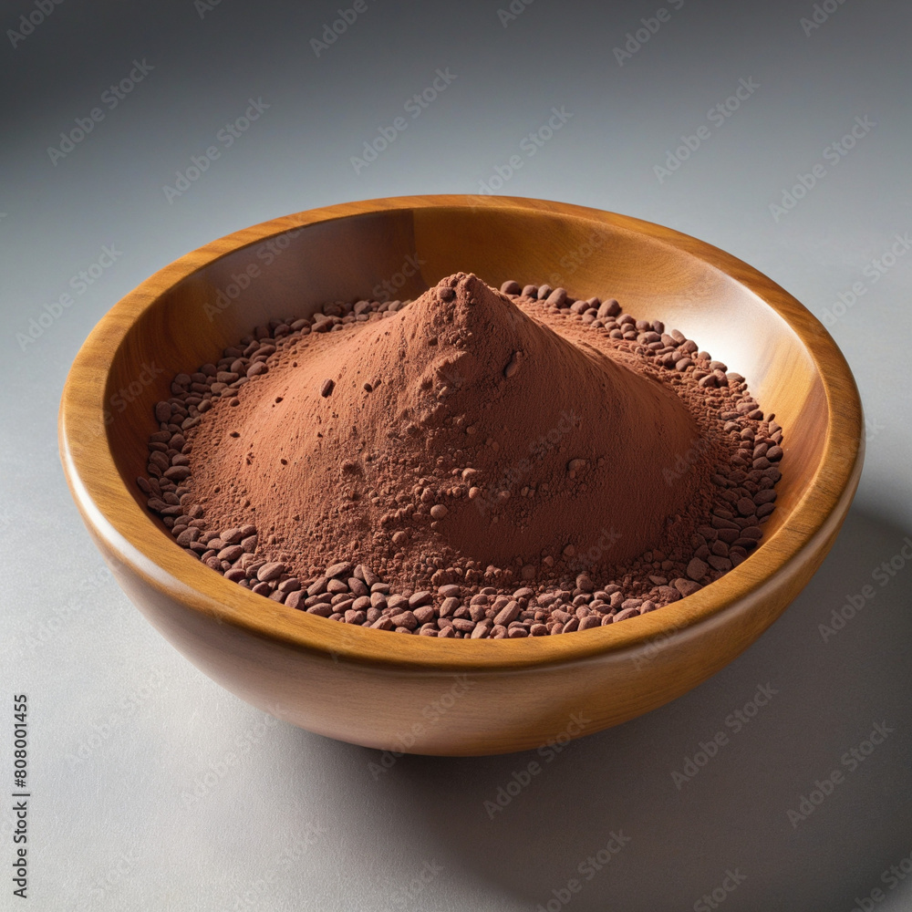 Collection of cocoa powder in a wooden bowl, isolated on a transparent background with a focus on hot drink ingredient Collection of cocoa powder in a wooden bowl, isolated on a transparent background with a focus on hot drink ingredient