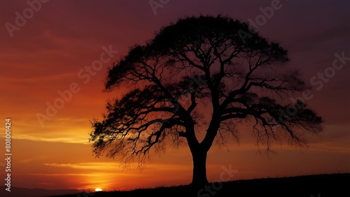 Silhouette of an old tree at sunset with beautiful sky.