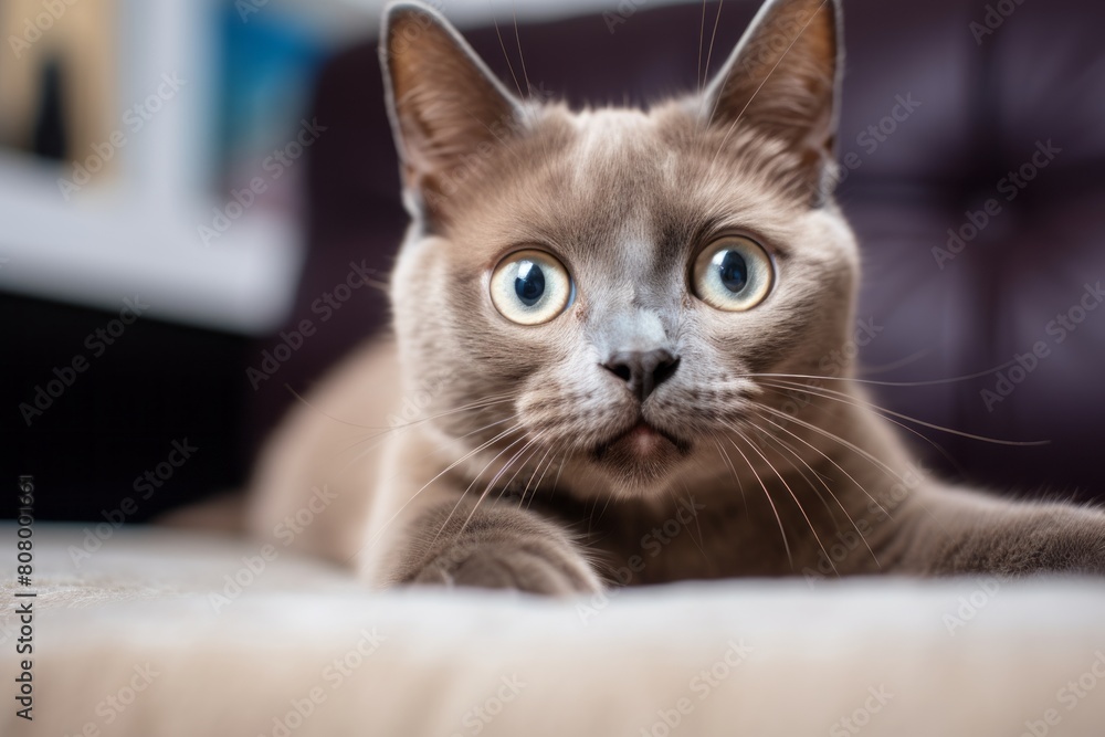 Lifestyle portrait photography of a cute burmese cat licking a paw while standing against cozy living room background