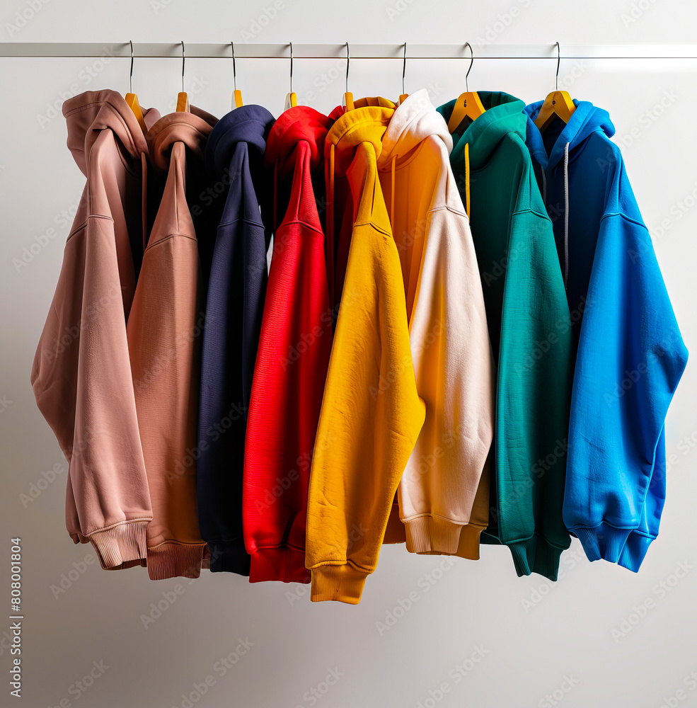 A row of colorful hoodies hanging on a rack. A row of colorful hoodies hanging on a rack.