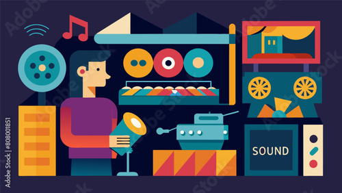 A section highlighting the role of sound in film with interactive exhibits showing the impact of sound effects and music on movie scenes. Vector illustration