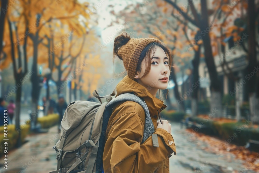 Autumn Adventure: Young Woman with Backpack in Urban Landscape