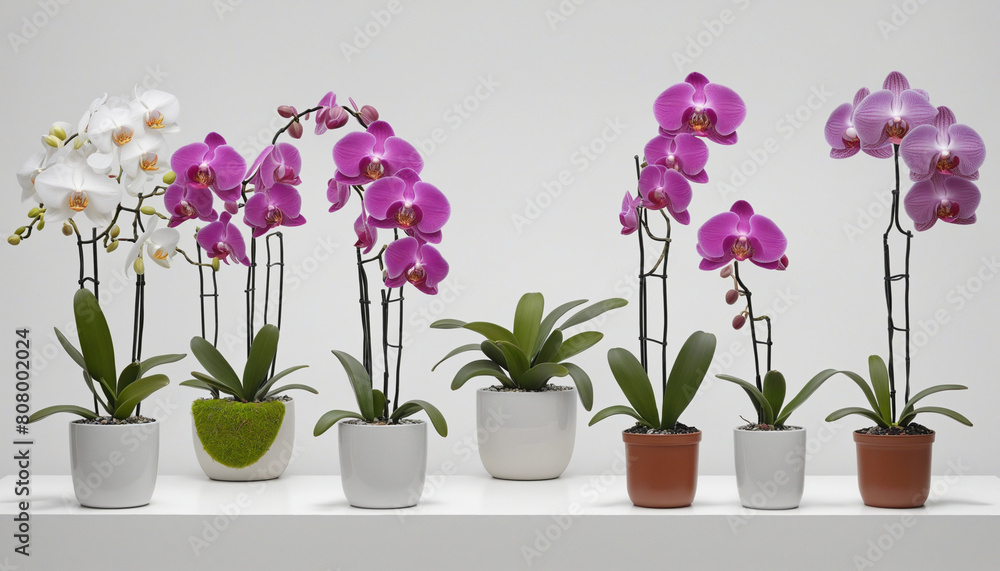 AI-generated collection of generative flowering orchids in various clay and ceramic pots cut out, isolated on a transparent background featuring pink and purple blooms and delicate foliage AI-generated collection of generative flowering orchids in various clay and ceramic pots cut out, isolated on a transparent background featuring pink and purple blooms and delicate foliage